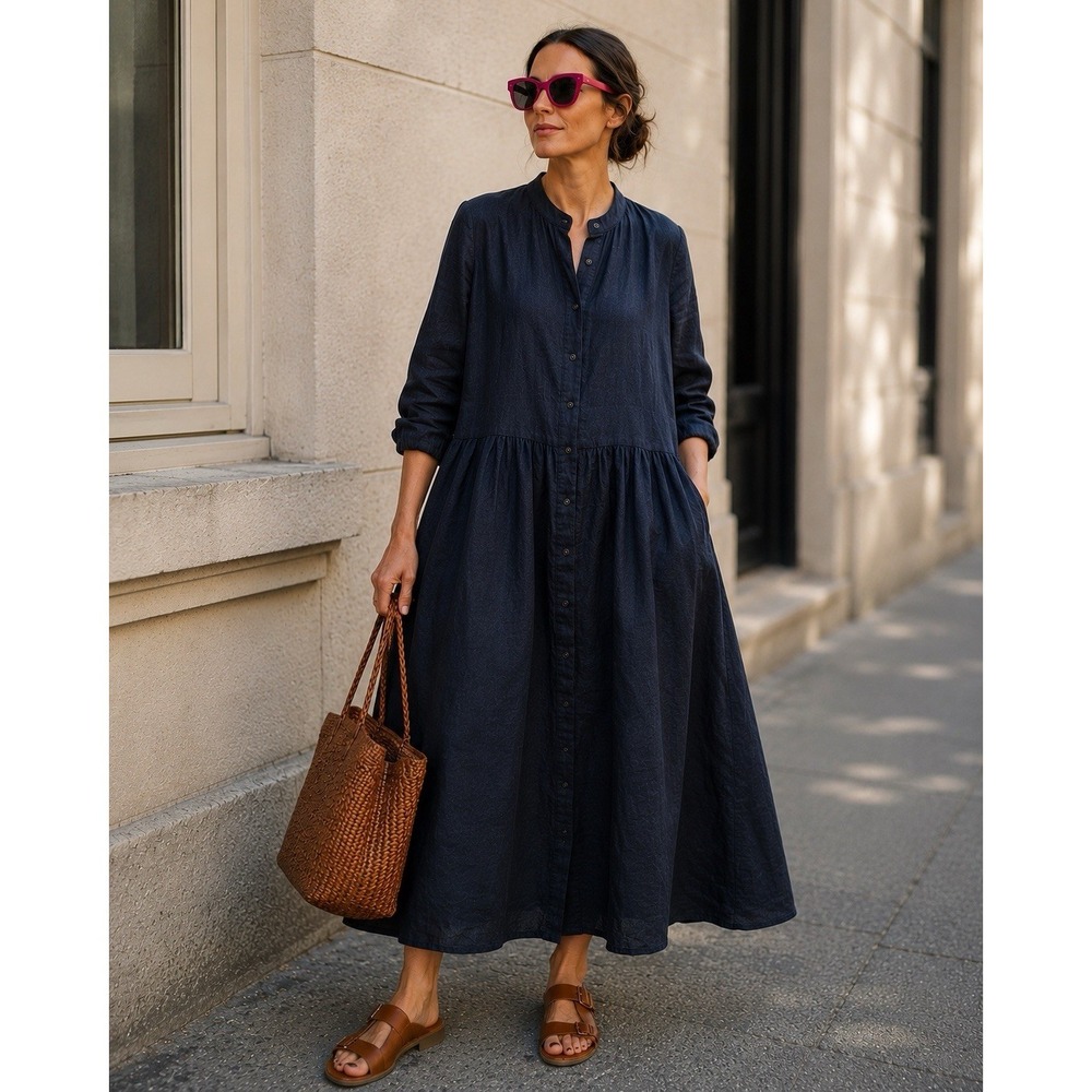 SOPHIE New Zealand 100% Linen Maxi Shirt Dress OS Dark Blue NWOT